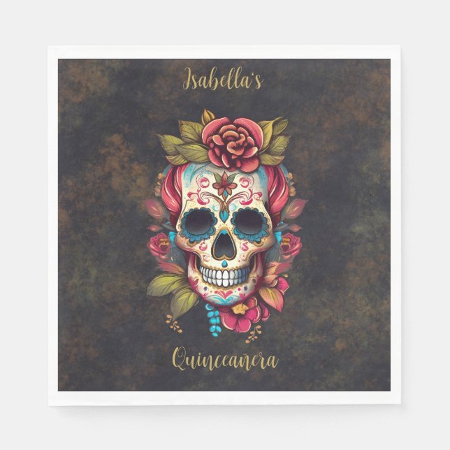 Floral Sugar Skull Quinceanera Geburtstag Englisch Serviette (Vorderseite)
