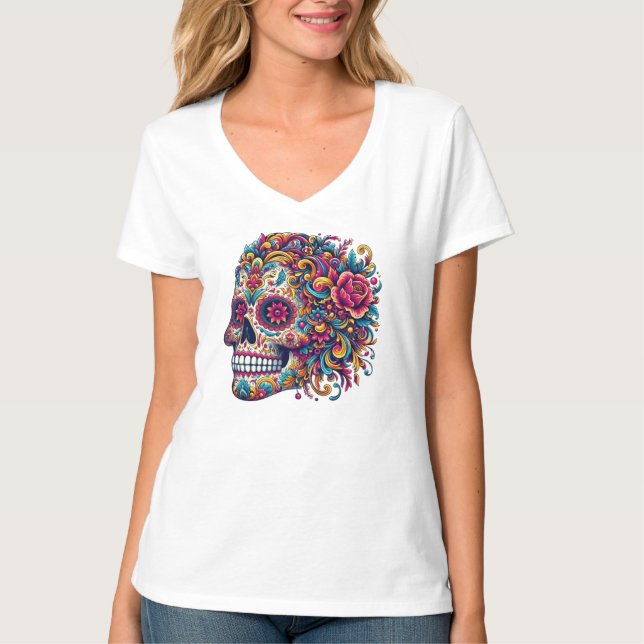 Floral Sugar Skull Side Profile Mexican Art T-Shirt (Vorderseite)
