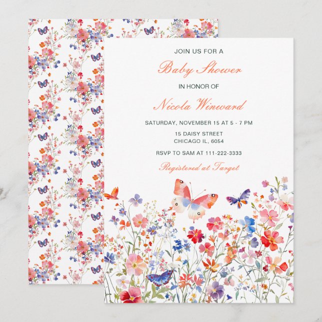Floral Summer Butterfly Baby Dusche Einladung (Vorne/Hinten)