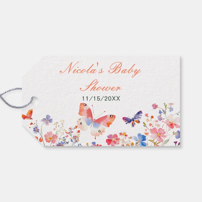 Floral Summer Butterfly Baby Dusche Geschenkanhänger (Rückseite Horizontal)