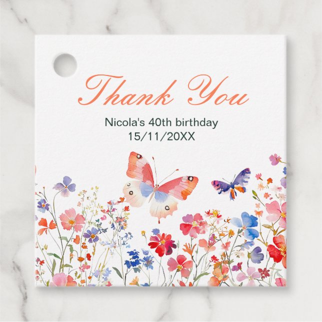 Floral Summer Butterfly Birthday Geschenkanhänger (Vorderseite)