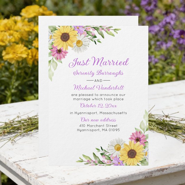 Floral Sunflower Daisy Just Married Wedding Einladung (Von Creator hochgeladen)