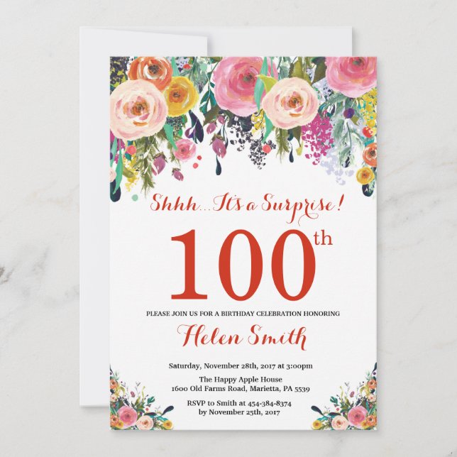 Floral Surprise 100e Anniversaire Invitation Rouge (Devant)