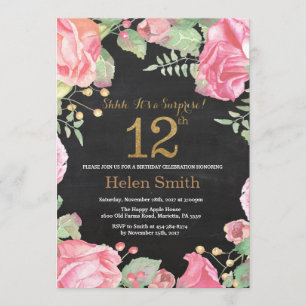 Floral Surprise 12. Geburtstag Gold Glitzer Einladung