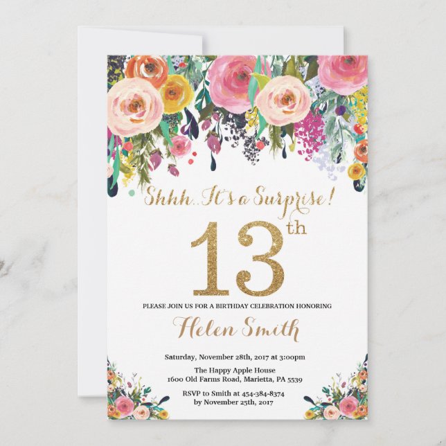 Floral Surprise 13e anniversaire Invitation Or (Devant)
