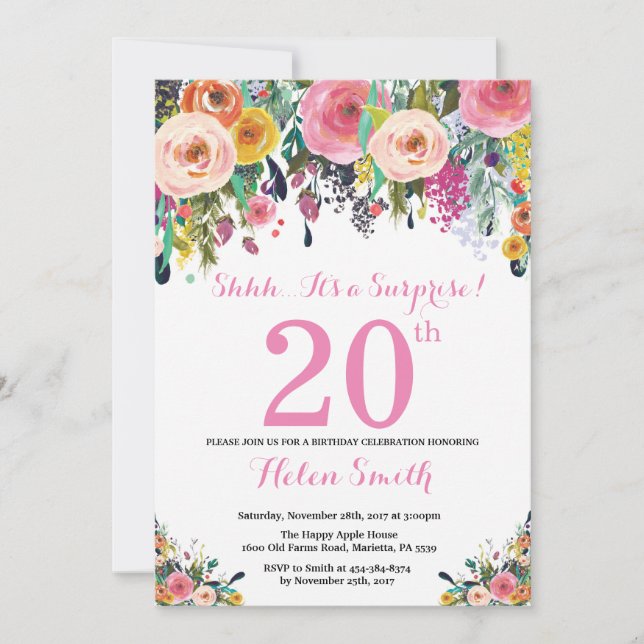 Floral Surprise 20e anniversaire Invitation rose (Devant)