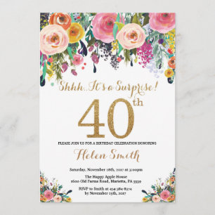 Floral Surprise 40e anniversaire Invitation Gold