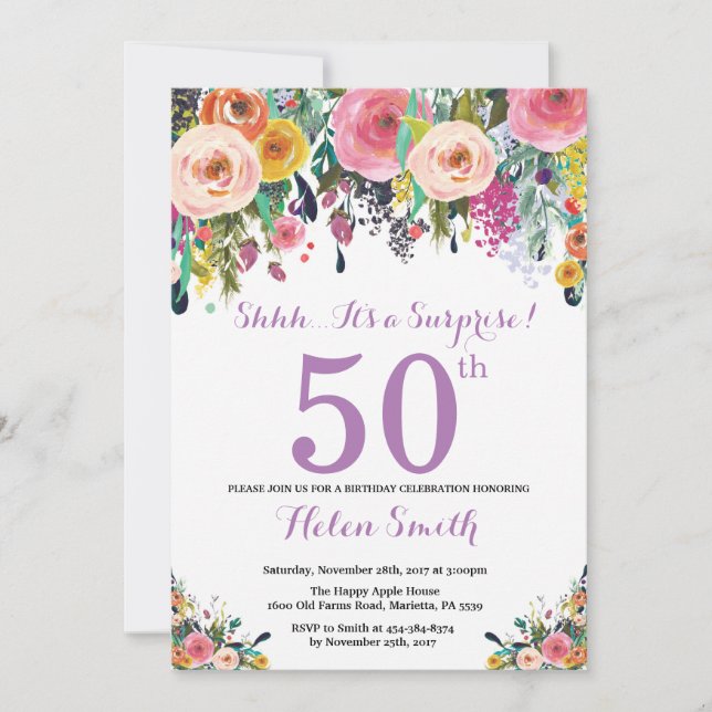 Floral Surprise 50e Anniversaire Invitation Violet (Devant)