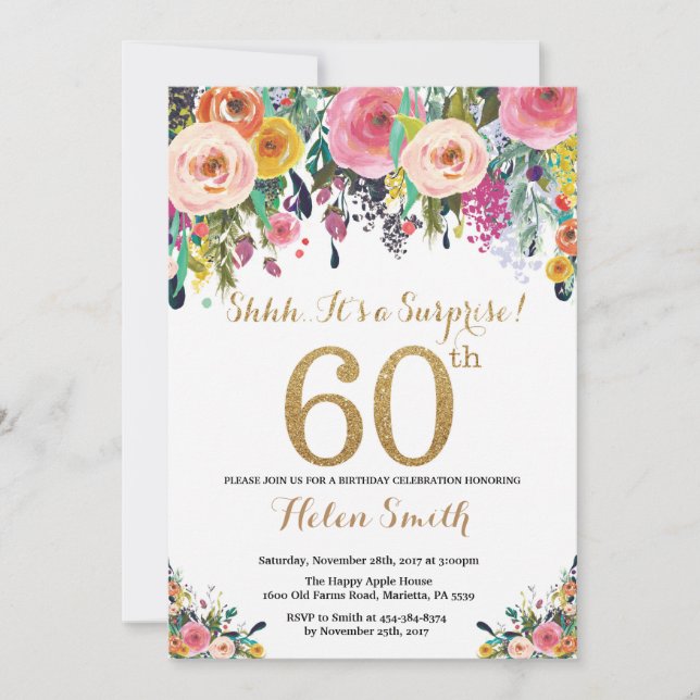 Floral Surprise 60e anniversaire Invitation Gold (Devant)