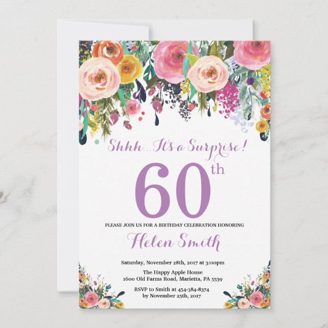 Floral Surprise 60e Anniversaire Invitation Violet (Devant)