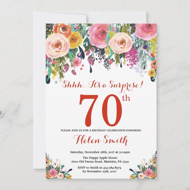 Floral Surprise 70e Anniversaire Invitation Rouge (Devant)