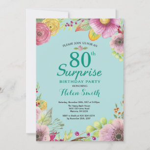 Floral Surprise 80e anniversaire Invitation Turquo