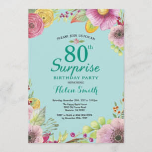 Floral Surprise 80e anniversaire Invitation Turquo