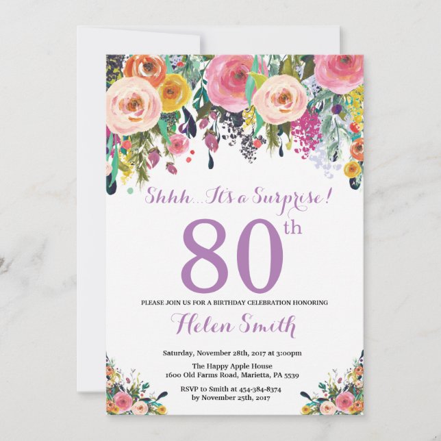 Floral Surprise 80e Anniversaire Invitation Violet (Devant)