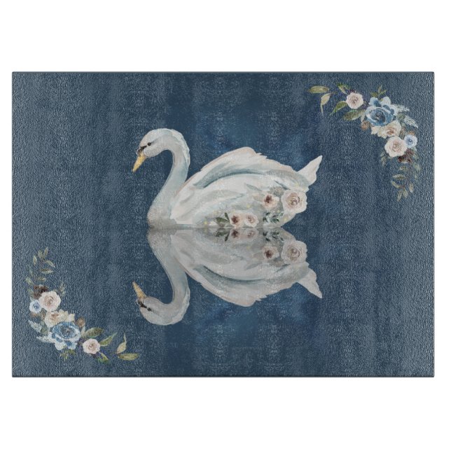 Floral Swan Blue Reflection Schneidebrett (Vorderseite)