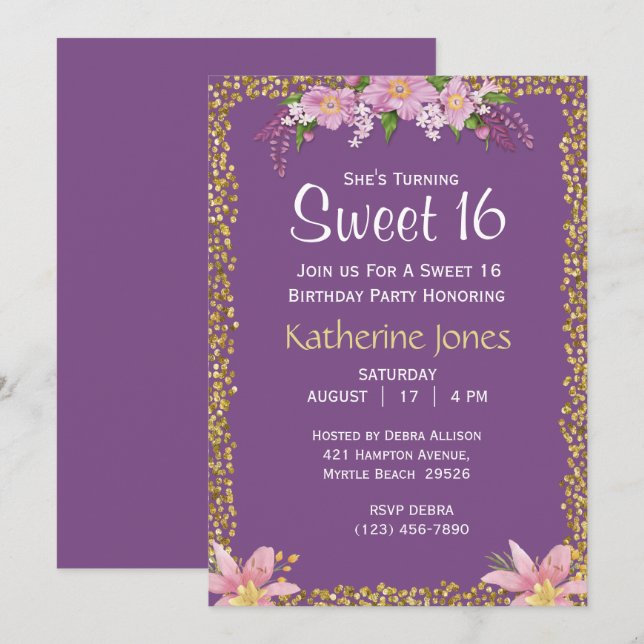 Floral Sweet 16 Invitations de fête d'anniversaire (Devant / Derrière)