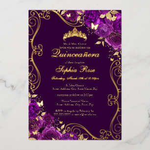 Floral Swirl Butterfly Lila Quinceanera Folieneinladung