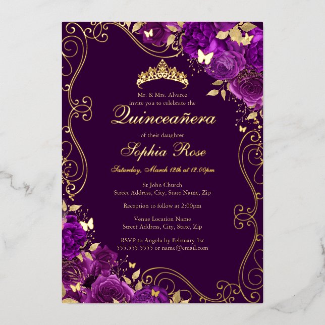 Floral Swirl Butterfly Lila Quinceanera Folieneinladung (Vorderseite)