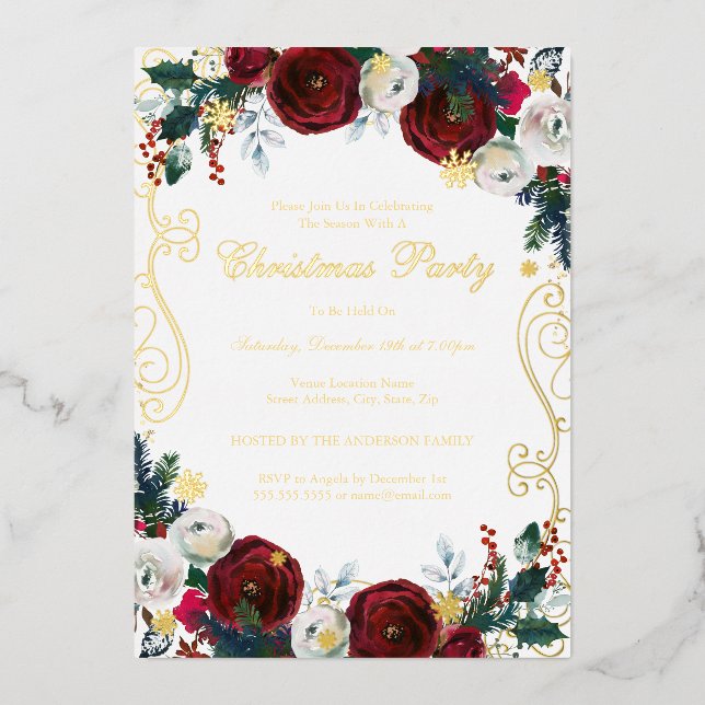 Floral Swirl Red Gold Weihnachtsfest Party Folieneinladung (Vorderseite)