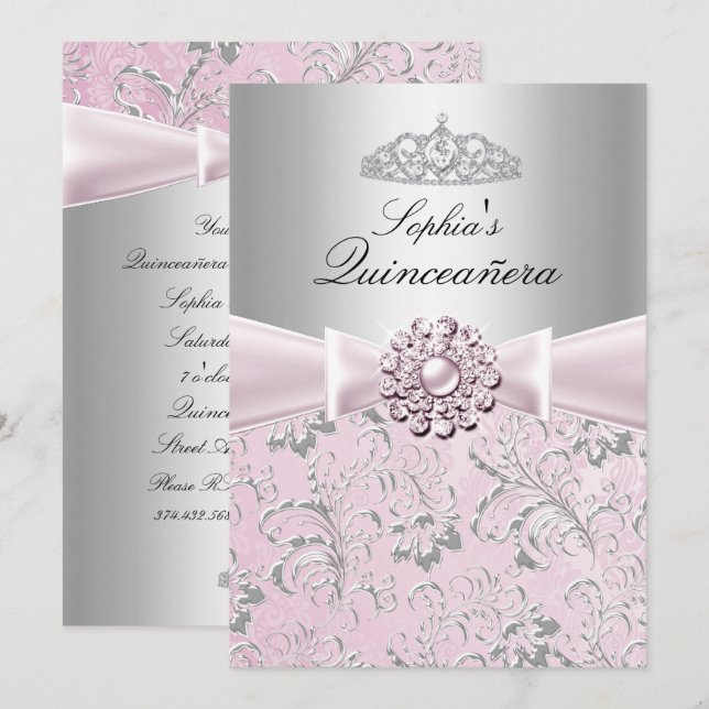 Floral Swirl Tiara Quinceanera Ankündigungen (Vorne/Hinten)