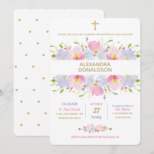 Floral Taufe Christening Girl Einladung (Vorne/Hinten)