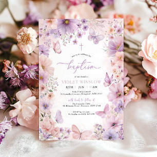 Floral Taufe Christening Lila Butterfly Girl Einladung