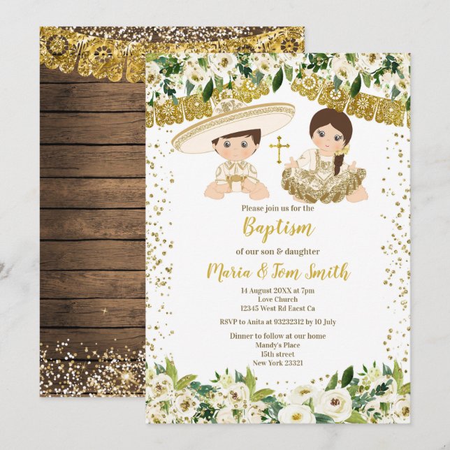 Floral Taufe Fiesta Twin Einladung (Vorne/Hinten)
