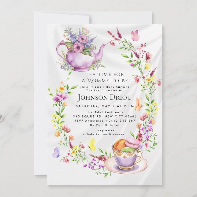 Floral Tea Party Baby Shower Invitation (Devant)