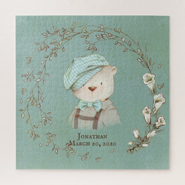 Floral Teddy Bären Name Geburtsankündigung (Vertikal)