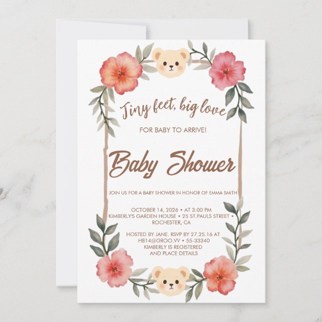  Floral Teddy Bear Baby Shower Invitation Neutral  (Devant)