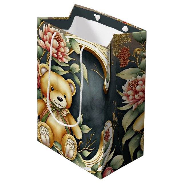 FLoral Teddy Bear Brief C Mittlere Geschenktüte (Vorderseite Schrägansicht)