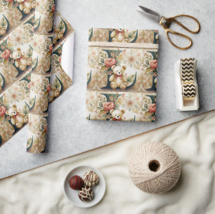 FLoral Teddy Bear Letter L Geschenkpapier