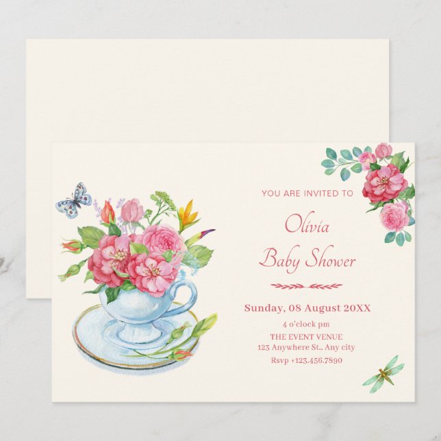 Floral Teebecher Babydusche Einladung (Vorne/Hinten)