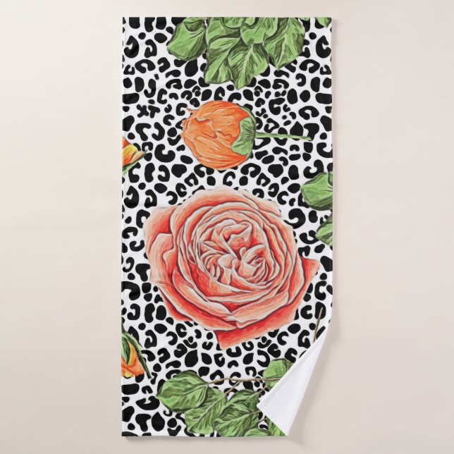 Floral tendance Empreinte de léopard chic Orange R (Serviette de bain)
