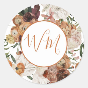 Floral Terracotta Monogramm Hochzeitsaufkleber Runder Aufkleber