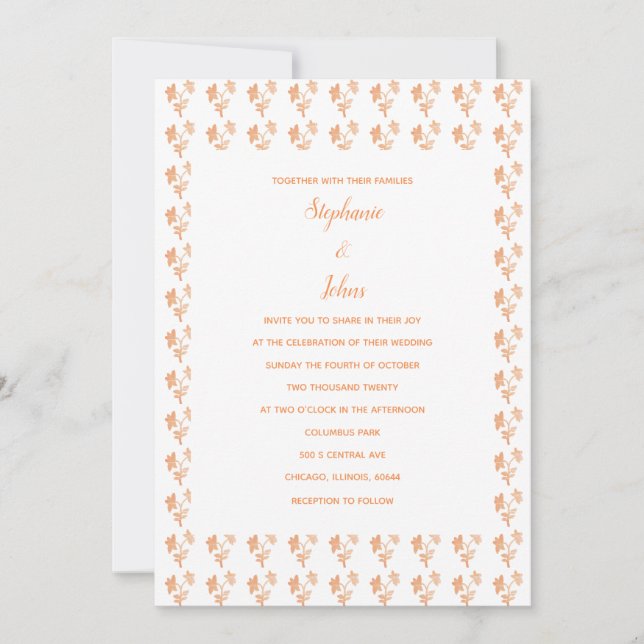 Floral Terracotta Orange Muster Einfache Hochzeit Einladung (Vorderseite)