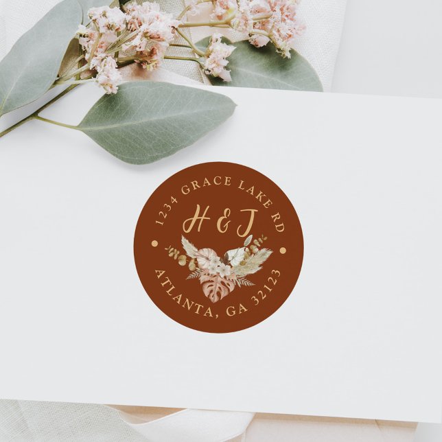 Floral Terracotta Wedding Rücksendeadresse Runder Aufkleber (Floral Terracotta Wedding Return Address Classic Round Sticker)