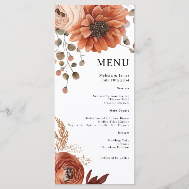 Floral Terracotta Weißes Hochzeitsmenü Menükarte (Vorderseite)