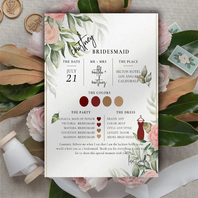 Floral Text Script Bridesmaid Info-Karte (Von Creator hochgeladen)