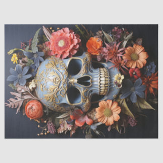 Floral Textrued Skull in Blue Decoupage Seidenpapier