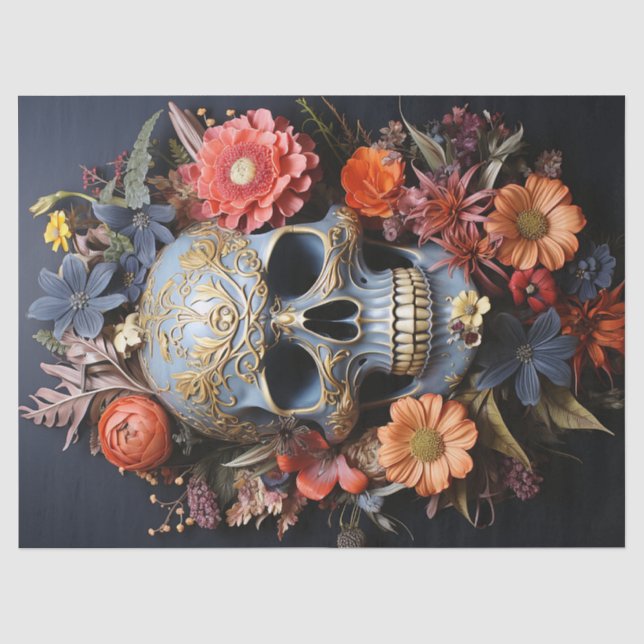 Floral Textrued Skull in Blue Decoupage Seidenpapier (Vorderseite)