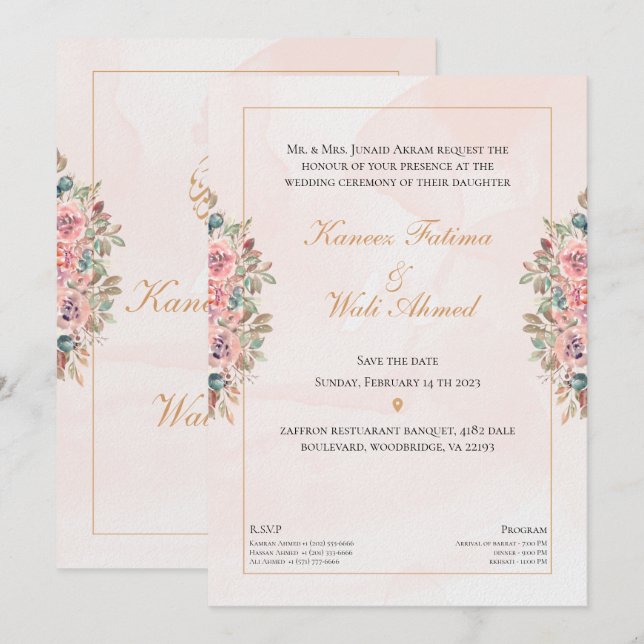 Floral & texturierte islamische Hochzeit I Einladung (Vorne/Hinten)