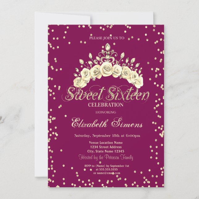 Floral Tiara Diamonds Princess Sweet 16 Einladung (Vorderseite)