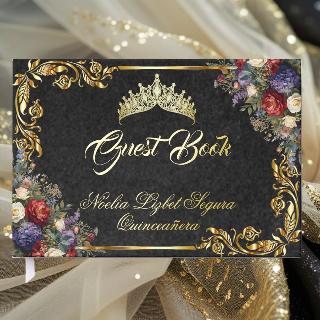 Floral, Tiara & Gold Leaves - Black Gästebuch (Von Creator hochgeladen)