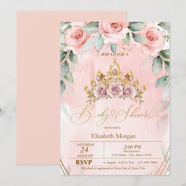 Floral Tiara Rose Babydusche Einladung (Vorne/Hinten)