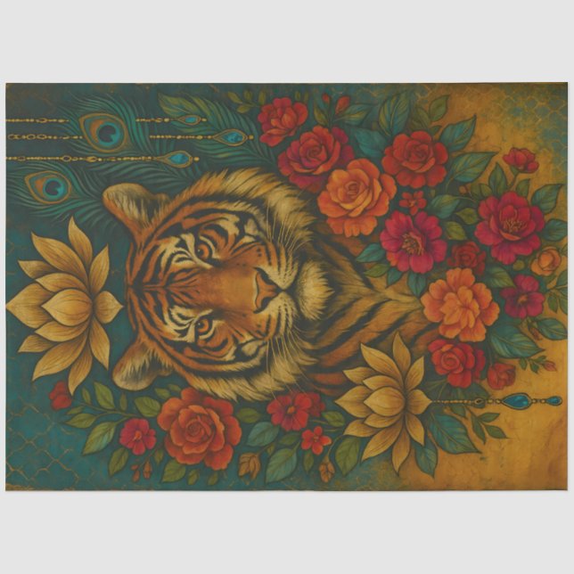 Floral Tiger Portrait – Botanical Animal Decoupage Seidenpapier (Vorderseite)