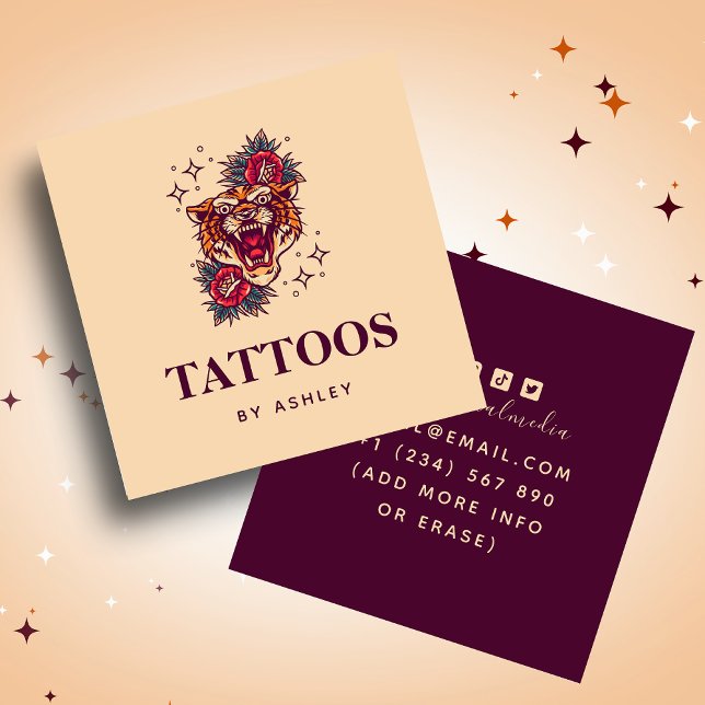 Floral Tiger Stardust Sparkle Giro Tattoo Artist Quadratische Visitenkarte (Von Creator hochgeladen)