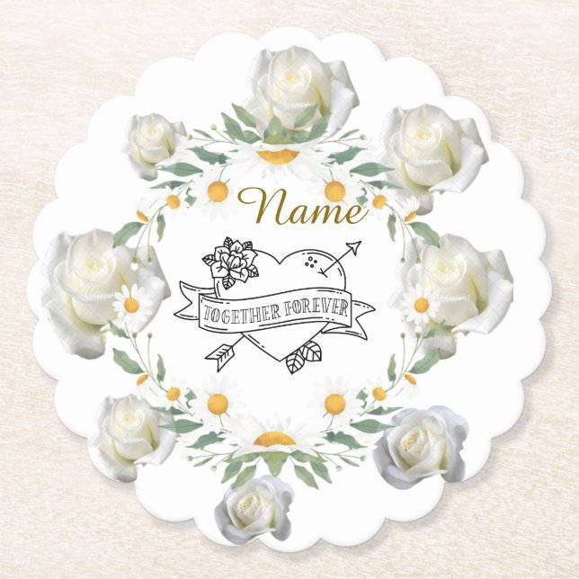 Floral "Together Forever" skallopierte Hochzeitenk Untersetzer (Vorderseite)