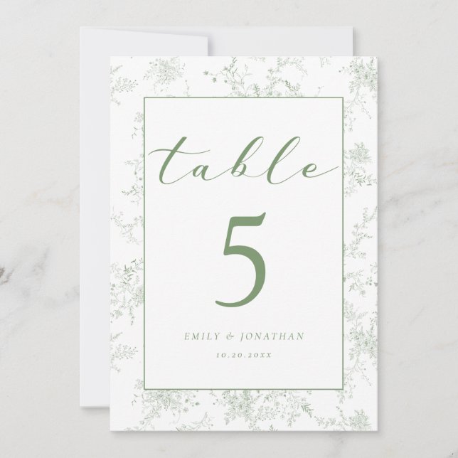 Floral Toile Green Wedding Table Card Einladung (Vorderseite)