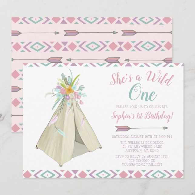 Floral Tribal Teepee Wild Einladung zum 1. Geburts (Vorne/Hinten)